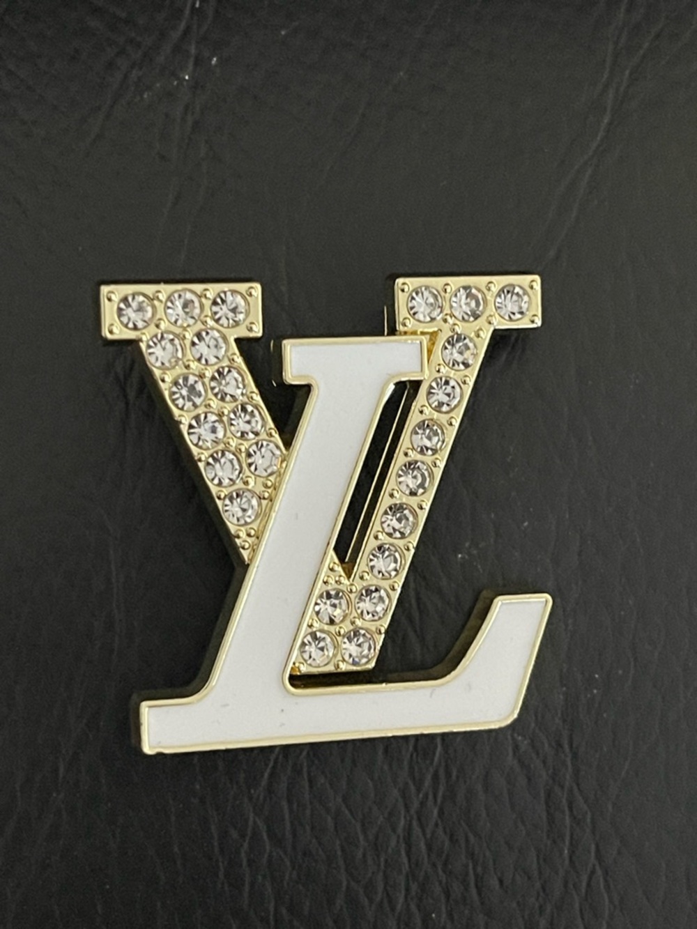 Fashion Jewelry Pink Enamel & Gold and White Crystal Logo Brooch